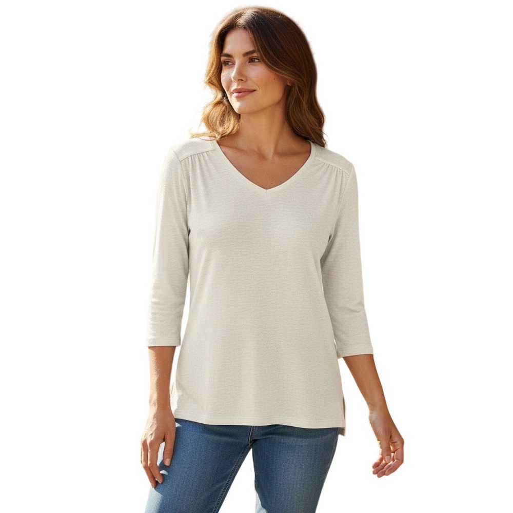 ARTISAN NY Classic White 100% Linen V-Neck Top L 3/4 Sleeve NWOT $148